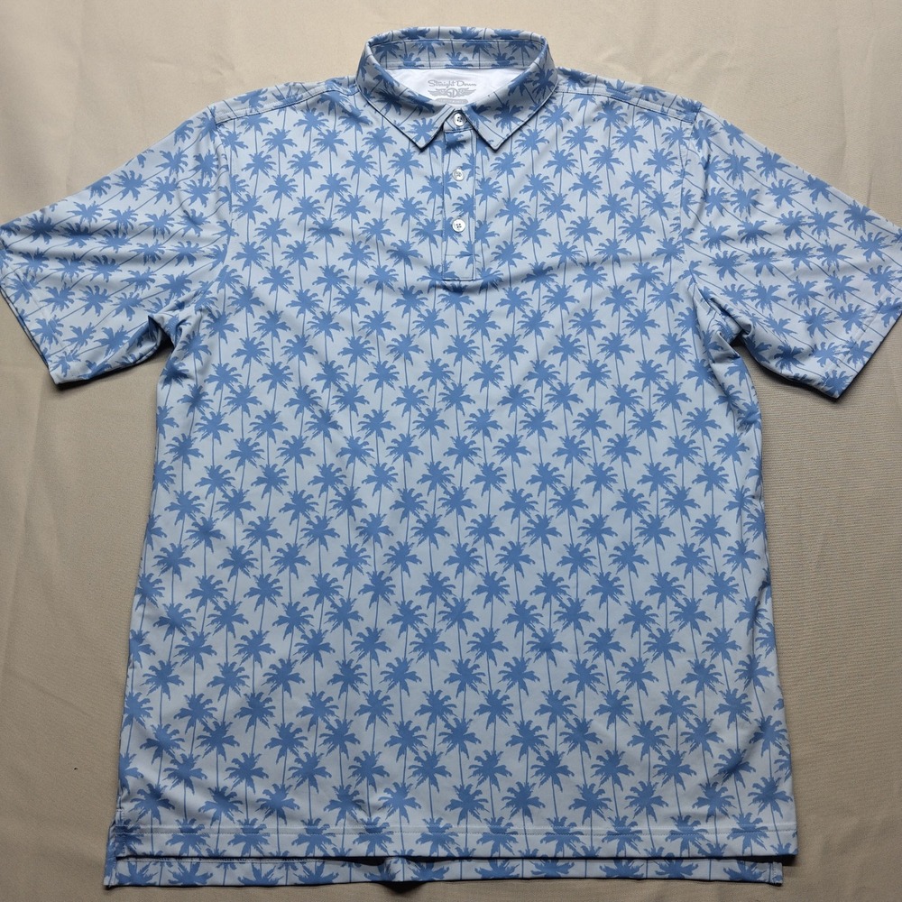 Straight Down Mens Performance Golf Polo Shirt Blue Palm Tree Print Large L